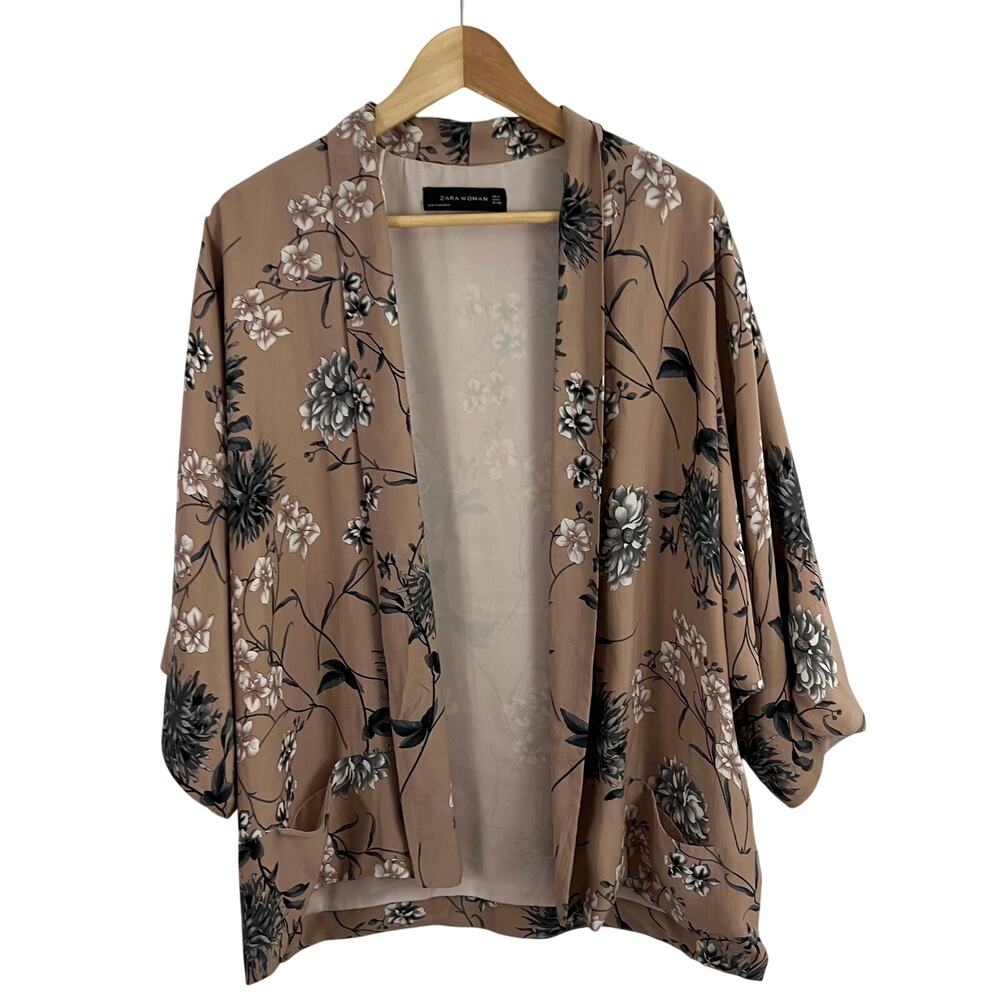 Zara Women Silk Floral Open Front Cardigan Top Size Medium